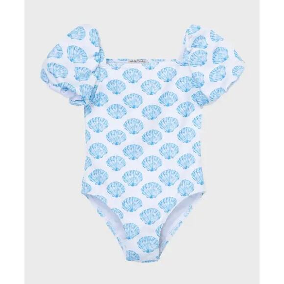 New Habitual Girl's Fiji Cool Blue Sea Shell Puff Sleeve One Piece Swimsuit - 6 - Picture 1 of 6